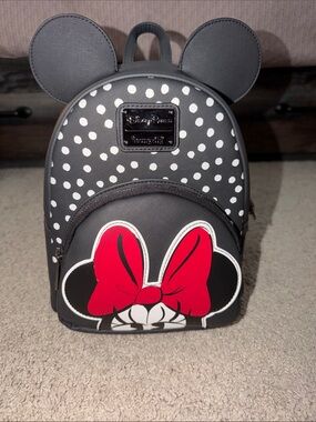 Loungefly Black & White Minnie Polka Dot Mini Backpack with Red Bow